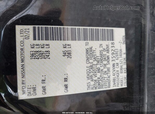 1N4BL4CVXMN359238 2021 NISSAN ALTIMA Black ძრავის განყოფილების ხედი
