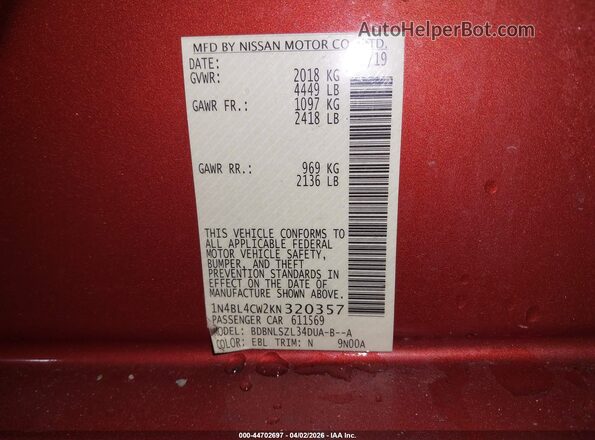 1N4BL4CW2KN320357 2019 NISSAN ALTIMA Оранжевый Вид подкапотного пространства
