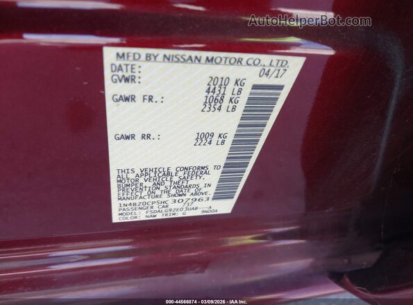 1N4BZ0CP5HC307963 2017 NISSAN LEAF Бордовый Вид подкапотного пространства