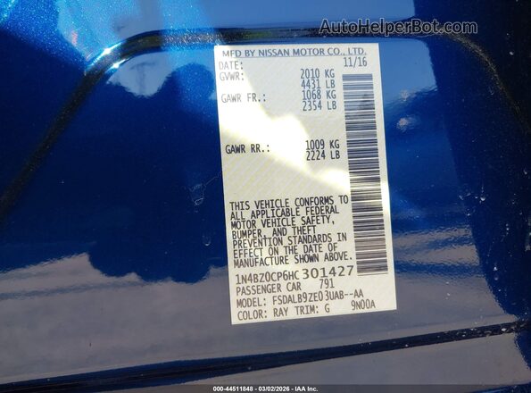 1N4BZ0CP6HC301427 2017 NISSAN LEAF Blue Vista del compartimento del motor