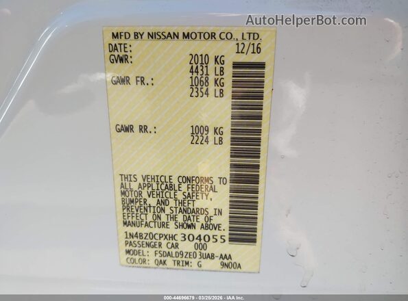 1N4BZ0CPXHC304055 2017 NISSAN LEAF White Вид підкапотного простору