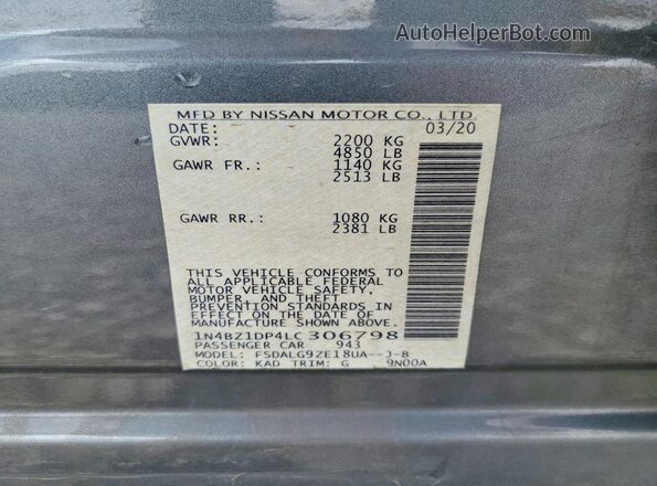 1N4BZ1DP4LC306798 2020 NISSAN LEAF Gray VIN կոդի պիտակի տեսք