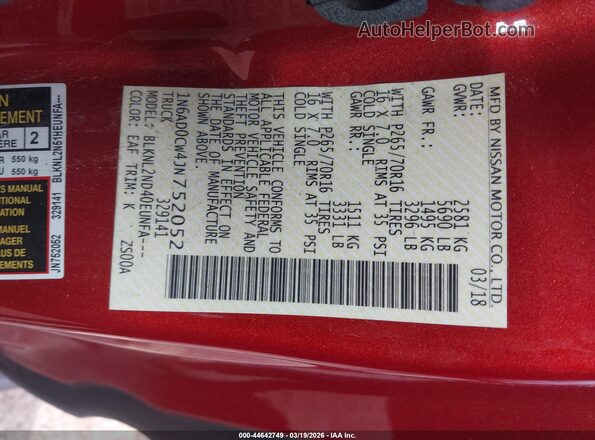 1N6AD0CW4JN752052 2018 NISSAN FRONTIER Красный Вид подкапотного пространства