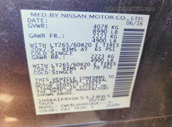 1N6BA1F4XGN512865 2016 NISSAN TITAN Серый Вид подкапотного пространства