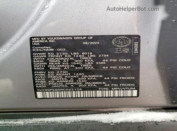 1V29SPE85RC022126 2024 VOLKSWAGEN ID.4 Серебряный Вид наклейки с VIN-кодом
