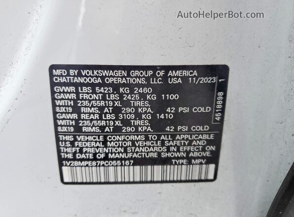 1V2BMPE87PC055167 2023 VOLKSWAGEN ID.4 White VIN კოდის სტიკერის ხედი
