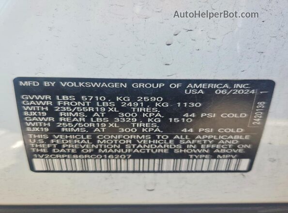 1V2CRPE86RC016207 2024 VOLKSWAGEN ID.4 White Widok naklejki z numerem VIN