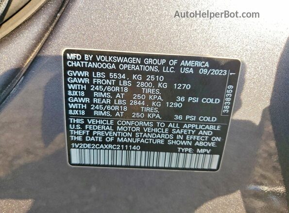1V2DE2CAXRC211140 2024 VOLKSWAGEN ATLAS Серый Вид наклейки с VIN-кодом