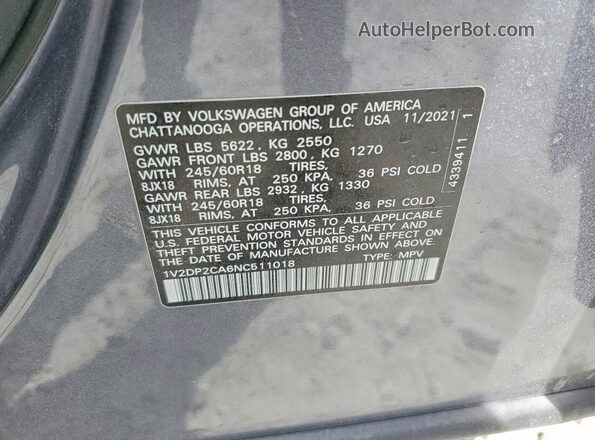 1V2DP2CA6NC511018 2022 VOLKSWAGEN ATLAS Gray Вид наклейки з VIN-кодом