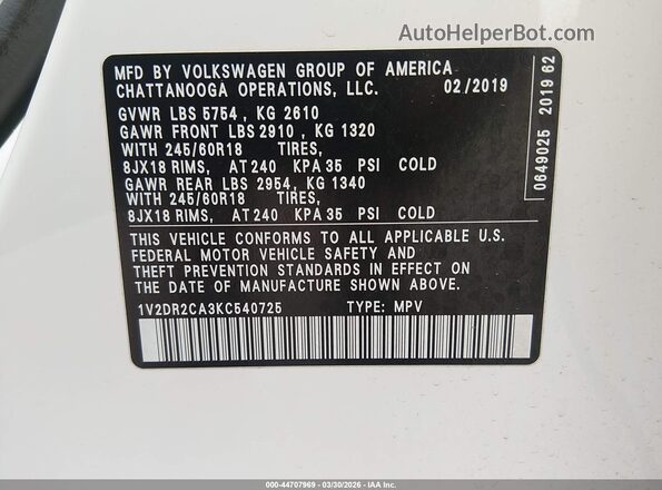 1V2DR2CA3KC540725 2019 VOLKSWAGEN ATLAS White Շարժիչի բաժամունքի տեսք