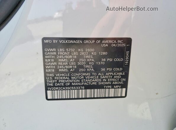 1V2DR2CA3SC553376 2025 VOLKSWAGEN ATLAS White VIN sticker view