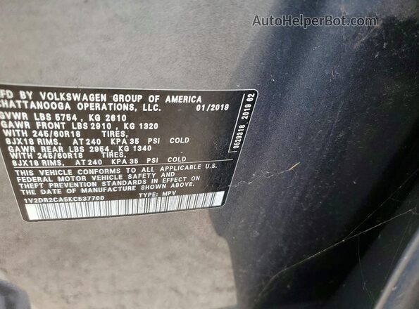 1V2DR2CA5KC537700 2019 VOLKSWAGEN ATLAS Серый Вид наклейки с VIN-кодом