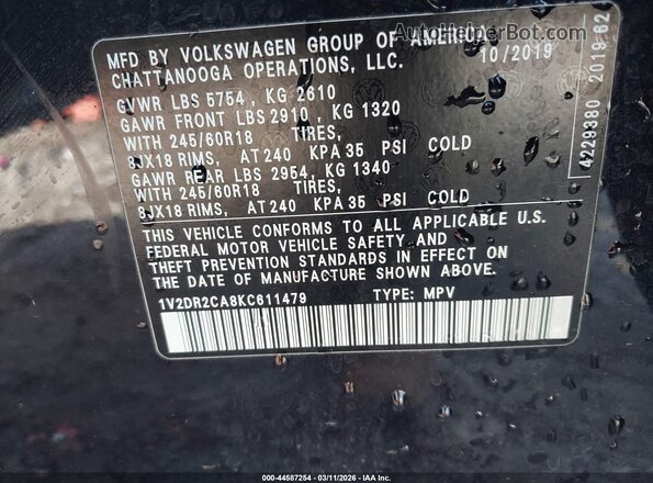 1V2DR2CA8KC611479 2019 VOLKSWAGEN ATLAS Черный Вид подкапотного пространства