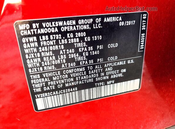1V2ER2CA5JC528448 2018 VOLKSWAGEN ATLAS Red VIN կոդի պիտակի տեսք