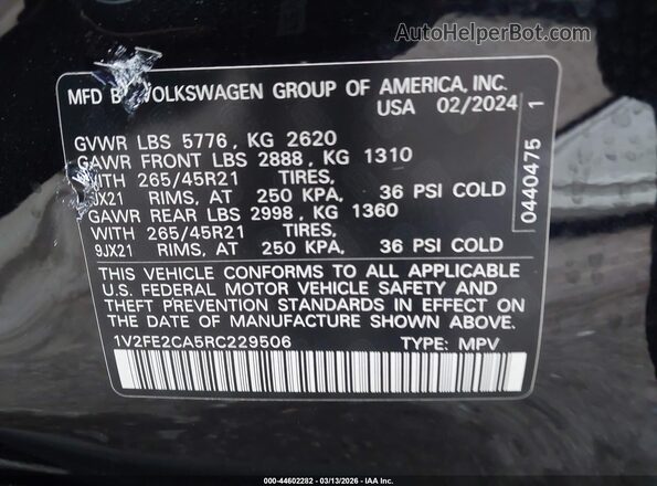 1V2FE2CA5RC229506 2024 VOLKSWAGEN ATLAS Черный Вид подкапотного пространства