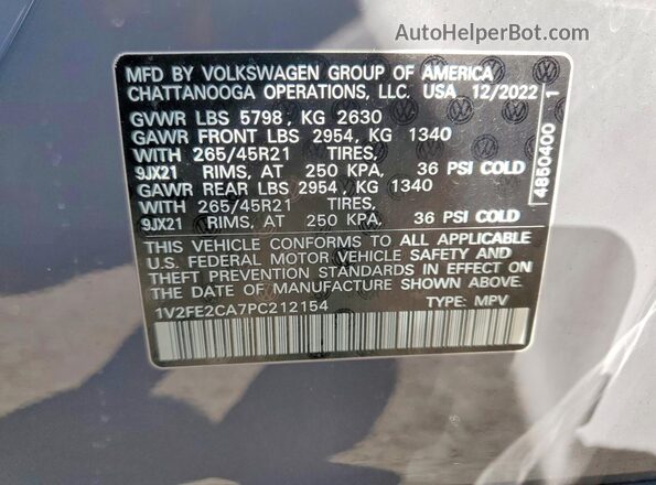 1V2FE2CA7PC212154 2023 VOLKSWAGEN ATLAS Gray Вид наклейки з VIN-кодом