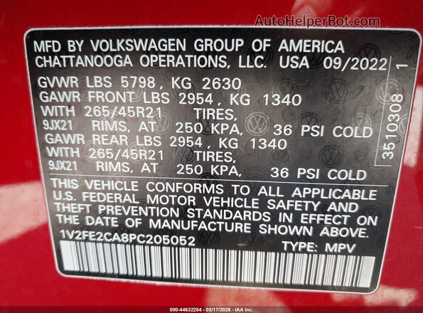1V2FE2CA8PC205052 2023 VOLKSWAGEN ATLAS Red Widok komory silnika
