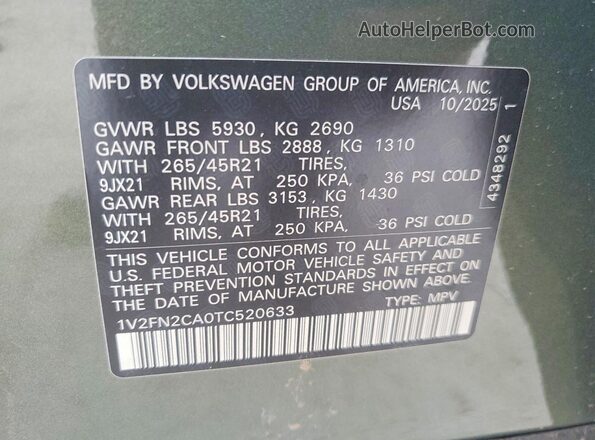 1V2FN2CA0TC520633 2026 VOLKSWAGEN ATLAS Зеленый Вид наклейки с VIN-кодом