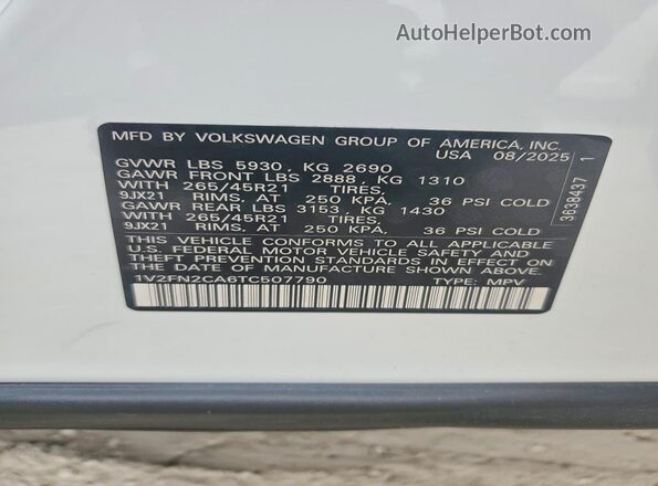 1V2FN2CA6TC507790 2026 VOLKSWAGEN ATLAS White Widok naklejki z numerem VIN