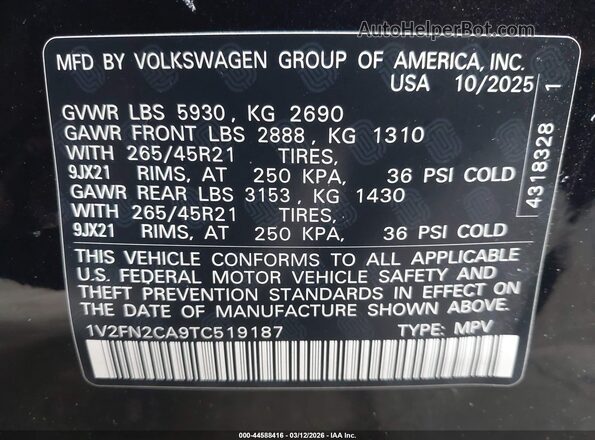 1V2FN2CA9TC519187 2026 VOLKSWAGEN ATLAS Черный Вид подкапотного пространства