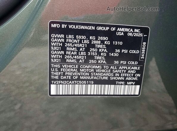 1V2FN2CAXTC505119 2026 VOLKSWAGEN ATLAS Зеленый Вид наклейки с VIN-кодом