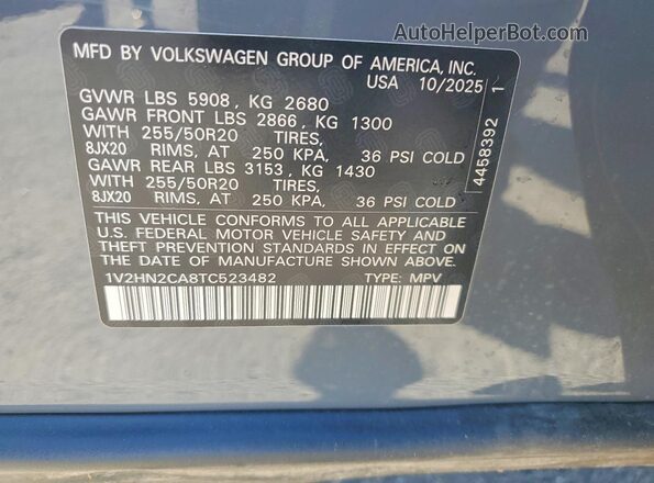 1V2HN2CA8TC523482 2026 VOLKSWAGEN ATLAS Серый Вид наклейки с VIN-кодом