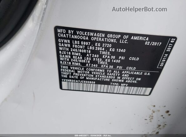 1V2HR2CA7JC500809 2018 VOLKSWAGEN ATLAS Белый Вид подкапотного пространства