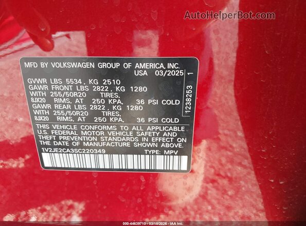 1V2JE2CA3SC220349 2025 VOLKSWAGEN ATLAS Красный Вид подкапотного пространства