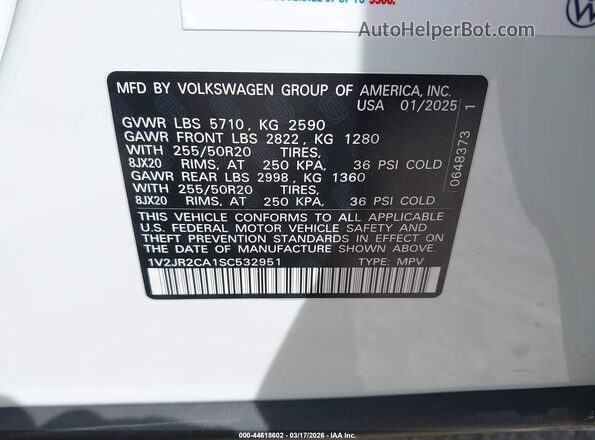 1V2JR2CA1SC532951 2025 VOLKSWAGEN ATLAS Белый Вид подкапотного пространства