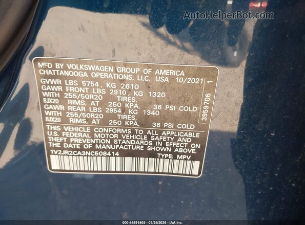 1V2JR2CA3NC508414 2022 VOLKSWAGEN ATLAS Синий Вид подкапотного пространства