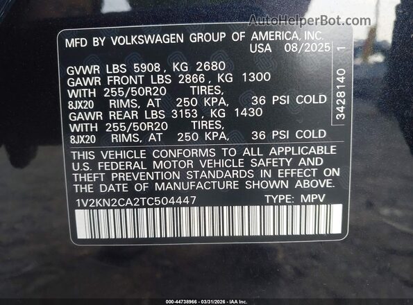 1V2KN2CA2TC504447 2026 VOLKSWAGEN ATLAS Black Vista del compartimento del motor