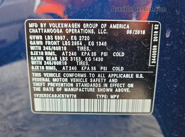 1V2KR2CA9JC579776 2018 VOLKSWAGEN ATLAS Синий Вид наклейки с VIN-кодом