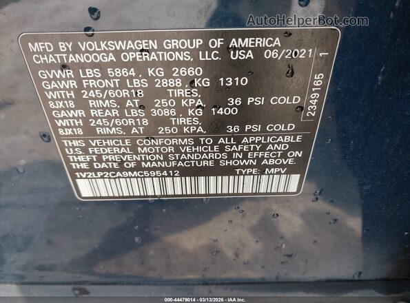 1V2LP2CA9MC595412 2021 VOLKSWAGEN ATLAS Синий Вид подкапотного пространства