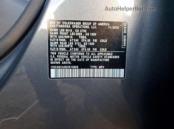 1V2LR2CA2KC513608 2019 VOLKSWAGEN ATLAS Серебряный Вид наклейки с VIN-кодом