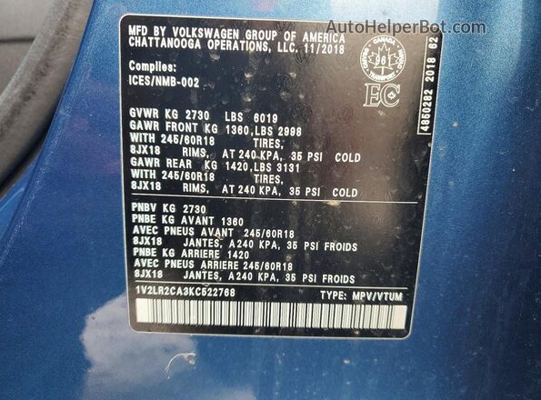 1V2LR2CA3KC522768 2019 VOLKSWAGEN ATLAS Синий Вид наклейки с VIN-кодом