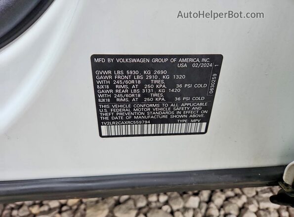 1V2LR2CAXRC559794 2024 VOLKSWAGEN ATLAS Белый Вид наклейки с VIN-кодом