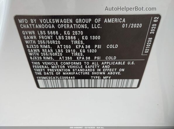 1V2MC2CA7LC205440 2020 VOLKSWAGEN ATLAS White Widok komory silnika