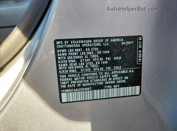 1V2NR2CA8JC503687 2018 VOLKSWAGEN ATLAS Silver Vista de la etiqueta del VIN