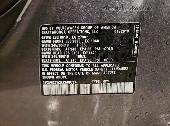 1V2UR2CA2KC560724 2019 VOLKSWAGEN ATLAS Gray Widok wnętrza 360 stopni