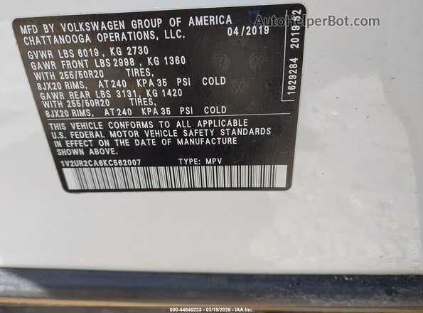 1V2UR2CA6KC562007 2019 VOLKSWAGEN ATLAS Белый Вид подкапотного пространства