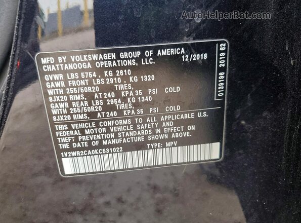 1V2WR2CA0KC531022 2019 VOLKSWAGEN ATLAS Black VIN կոդի պիտակի տեսք