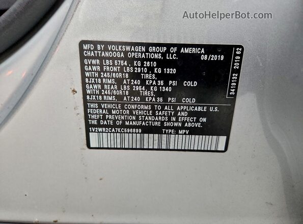 1V2WR2CA7KC596899 2019 VOLKSWAGEN ATLAS Серебряный Панорамный вид салона 360°