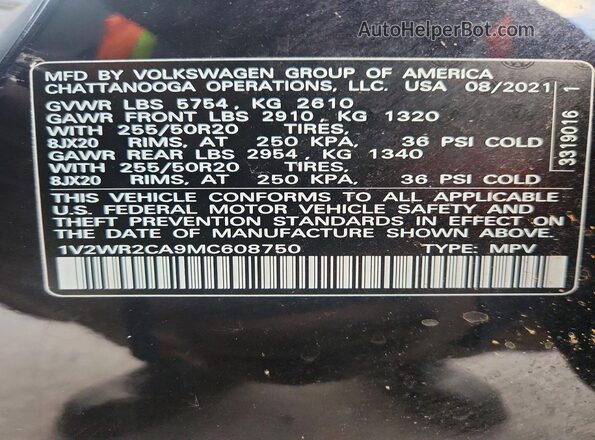 1V2WR2CA9MC608750 2021 VOLKSWAGEN ATLAS Черный Панорамный вид салона 360°