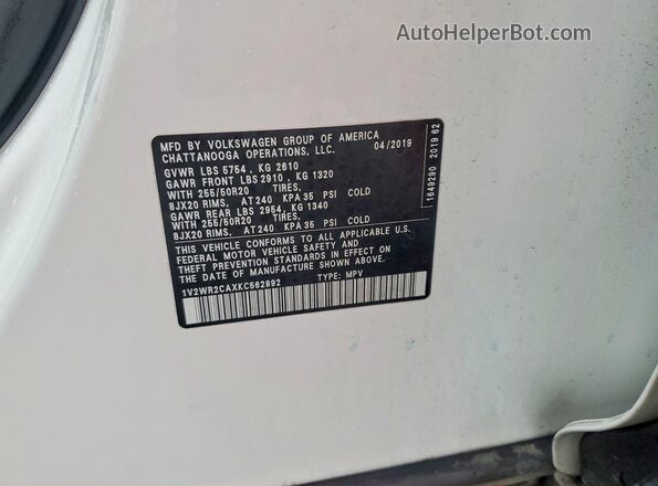 1V2WR2CAXKC562892 2019 VOLKSWAGEN ATLAS Белый Вид подкапотного пространства