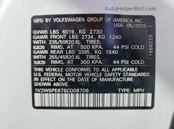 1V2WSPE87SC008706 2025 VOLKSWAGEN ID.4 Белый Панорамный вид салона 360°