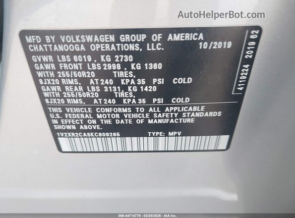 1V2XR2CA5KC609265 2019 VOLKSWAGEN ATLAS Серебряный Вид подкапотного пространства
