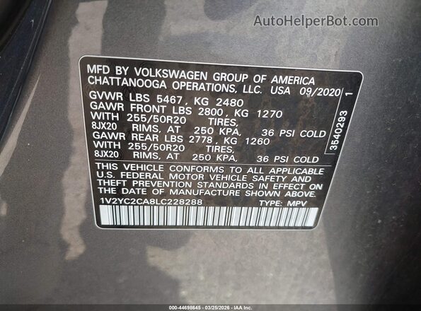 1V2YC2CA8LC228288 2020 VOLKSWAGEN ATLAS Gray Widok komory silnika