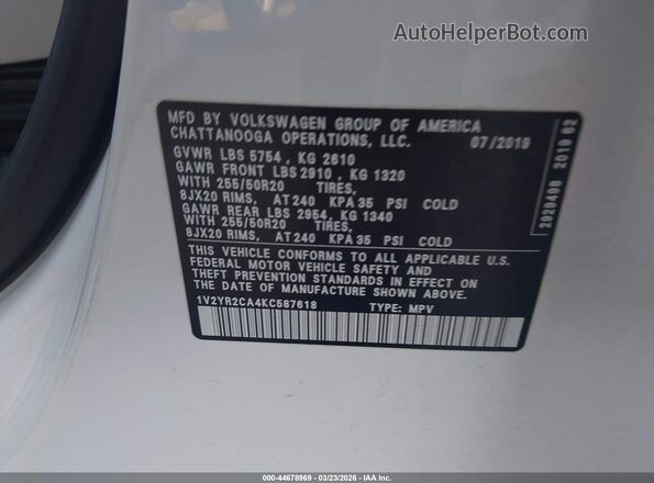 1V2YR2CA4KC587618 2019 VOLKSWAGEN ATLAS White ძრავის განყოფილების ხედი
