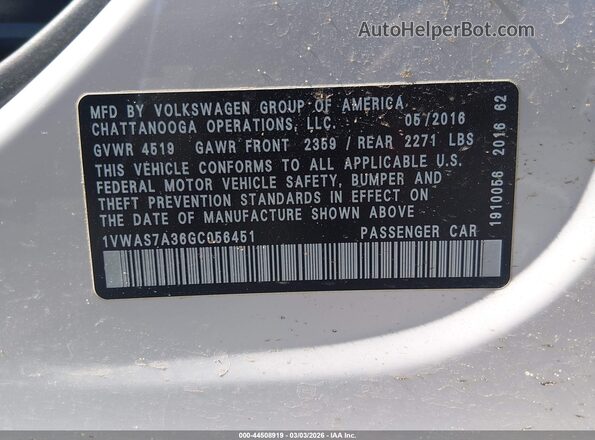 1VWAS7A36GC056451 2016 VOLKSWAGEN PASSAT White Widok komory silnika