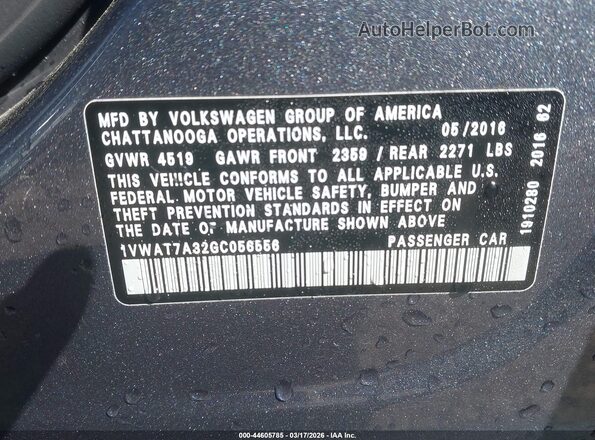 1VWAT7A32GC056556 2016 VOLKSWAGEN PASSAT Серый Вид подкапотного пространства